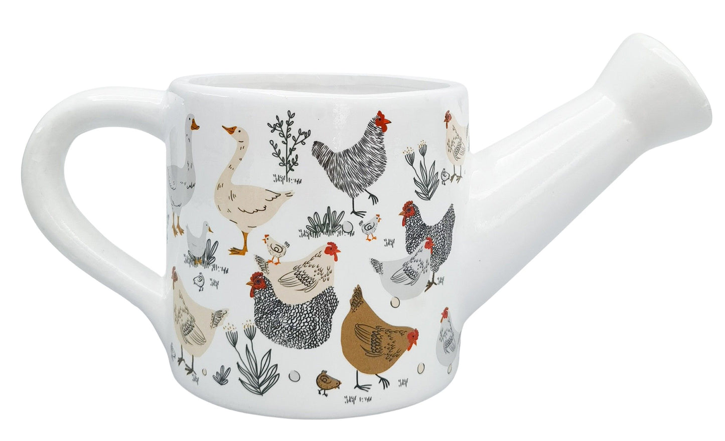 URBAN CHICKEN AND FRIENDS WATERING CAN PLANTER BLACK AND WHITE