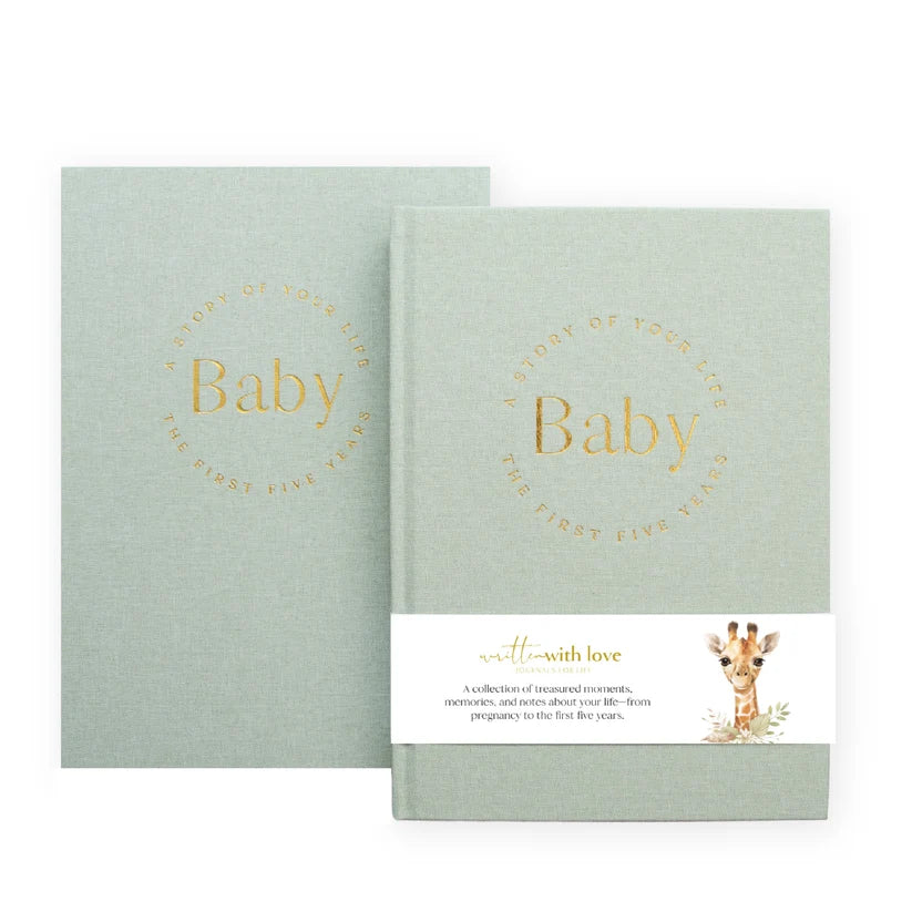 WRITTEN WITH LOVE SAGE GREEN BABY BOOK WITH KEEPSAKE BOXES