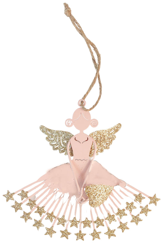 Metal Angel holding a Heart Hanging Decoration Pink & Gold 12.5cm