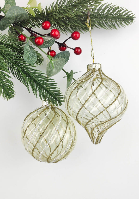 Glitter Swirl Glass Bauble & Onion Green 8cm