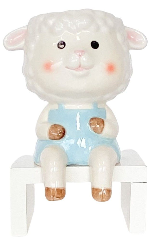 UBAN Sitting Sheep Planter White & Light Blue 14cm