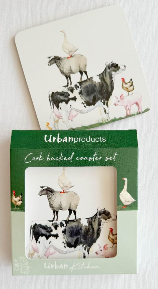 URBAN Farm Yard Cork & MDF Coasters Green 10cm S/4